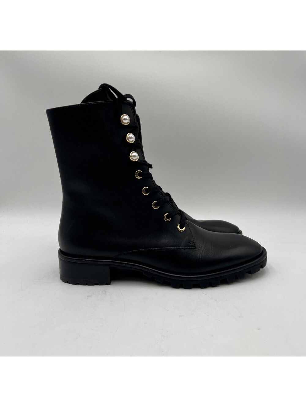 Women’s Stuart Weitzman Laine Pearl Black Leather Combat Boot Size 5.5B